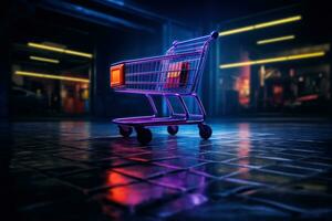 ai generiert Einkaufen Wagen beim Nacht auf ein dunkel Neon- Fußboden foto