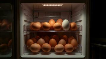 ai generiert mehrere Eier sind platziert im das Kühlschrank foto