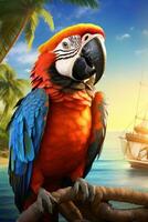 ai generiert ein lebendig Hintergrund mit ein Fett gedruckt Pirat, tropisch Papagei foto