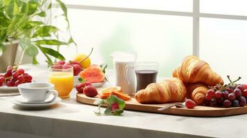 ai generiert ein köstlich Frühstück Tableau mit Croissants, Beeren, und dämpfen Kaffee foto