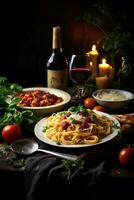 ai generiert köstlich Abendessen Verbreitung mit Pasta, Wein, und Bohnenkraut Freuden foto