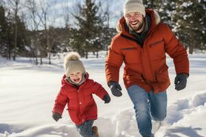 ai generiert Papa und Sohn Teilen kichert, Schneeball wirft, und schneebedeckt Abenteuer foto