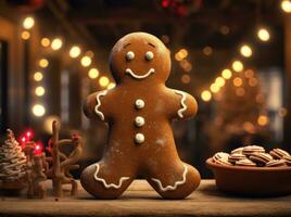 ai generiert Lebkuchen Mann mit Weihnachten Beleuchtung foto