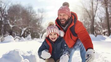 ai generiert Papa und Sohn Teilen kichert, Schneeball wirft, und schneebedeckt Abenteuer foto