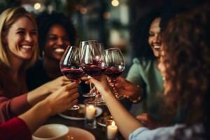 ai generiert weiblich freunde Toasten Wein Brille während ein Versammlung beim das Abendessen Tabelle foto