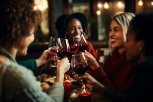 ai generiert weiblich freunde Toasten Wein Brille während ein Versammlung beim das Abendessen Tabelle foto