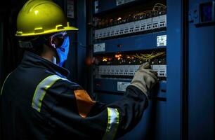 ai generiert elektrisch Arbeiter halten Schalter Panel im ein elektrisch Panel foto