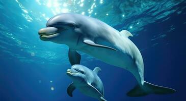 ai generiert Delfin und Delfine Schwimmen im das Ozean mit Sonne aus foto