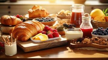 ai generiert lecker Frühstück Szene mit ein Vielfalt von köstlich behandelt, Verlassen Zimmer zum Ihre Botschaft foto