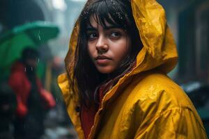 ai generiert im das Regen, ein jung Mädchen geschützt durch ein Gelb Regenschirm foto