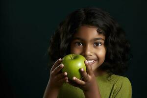 ai generiert ein wenig Mädchen posiert mit ein frisch Apfel, lächelnd foto