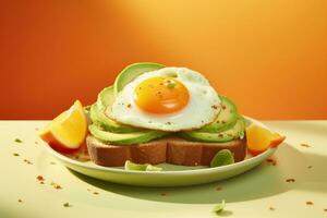 ai generiert Avocado auf Toast und Eier auf Orange Scheiben auf ein Weiß Teller foto