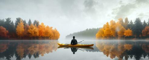 ai generiert ein Mann Kajak fahren im ein Herbst farbig See foto