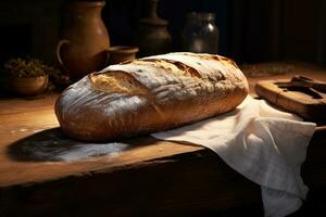 ai generiert ein Laib von Brot Sitzung auf ein hölzern Tafel foto