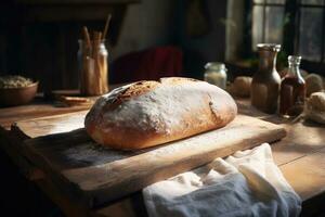 ai generiert ein Laib von Brot Sitzung auf ein hölzern Tafel foto