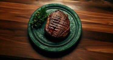 ai generiert ein gegrillt Steak Sitzung auf ein hölzern Tisch, foto