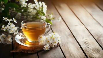 ai generiert ein Tasse von Tee mit Blumen auf ein hölzern Tabelle foto