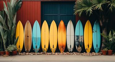 ai generiert ein bunt Gang von Surfen Bretter ist gelehnt gegen ein hölzern Tür foto