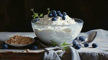 ai generiert Weiß Joghurt mit Blaubeere foto