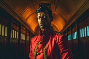 ai generiert ein Mann im ein rot Jacke steht im ein Zug Bahnhof foto