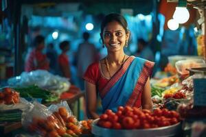 ai generiert ein lächelnd indisch Frau beim ein Gemüse Markt foto