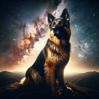 ai generiert ein Hund auf ein Hügel mit ein Galaxis Himmel im das Hintergrund, ai generiert. foto