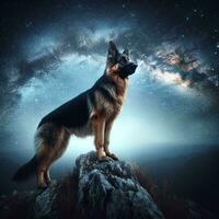 ai generiert ein Hund auf ein Hügel mit ein Galaxis Himmel im das Hintergrund, ai generiert. foto