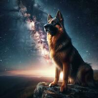 ai generiert ein Hund auf ein Hügel mit ein Galaxis Himmel im das Hintergrund, ai generiert. foto