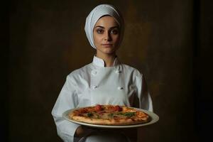 ai generiert köstlich Pizza serviert durch ein Koch foto