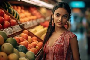 ai generiert schön Frau posiert im Vorderseite von ein Obst Stand foto