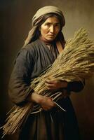 ai generiert Agrar Frau Tragen mehrere Garben von Weizen foto