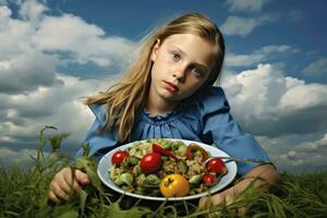 ai generiert das wenig Mädchen mit ein groß Appetit - - Essen ein gesund Garten Salat foto