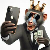 ai generiert Illustration von ein stilvoll Affe König mit ein Zelle Telefon erstellt mit generativ ai Technologie foto