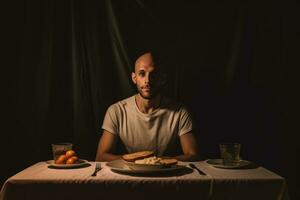 ai generiert ein Mann Sitzung beim ein Essen Tabelle mit zwei Platten von Essen und ein Getränk. foto