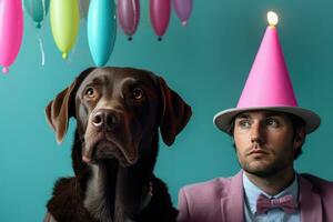 ai generiert ein Party Hund tragen ein Rosa Geburtstag Hut foto