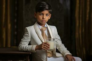 ai generiert ein jung Junge im ein Weiß passen und Gold Krawatte Getränke Milch von ein Glas foto