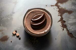 ai generiert köstlich Schokolade Mousse im ein Glas Teller auf ein dunkel grau Hintergrund foto