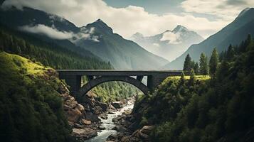 ai generiert Wirklichkeit Foto von ein Brücke im das Berge. auf ein sonnig Tag