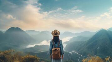 ai generiert Wirklichkeit Foto von jung Frau nehmen ein schön Aussicht im das Berge, auf ein sehr sonnig Tag