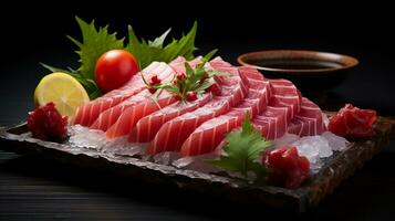 ai generiert Wirklichkeit Foto Thunfisch sashimi, roh Fisch im traditionell japanisch Stil, ist sehr köstlich zu Essen