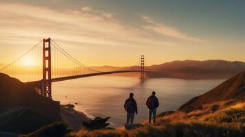 ai generiert Wirklichkeit Foto von asiatisch Mann genießen nehmen Fotos von das golden Tor Brücke beim Sonnenaufgang