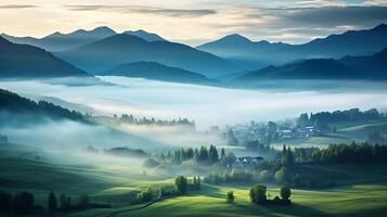 ai generiert Wirklichkeit Foto neblig Sommer- Sonnenaufgang im das Karpaten Berge. großartig Morgen Aussicht