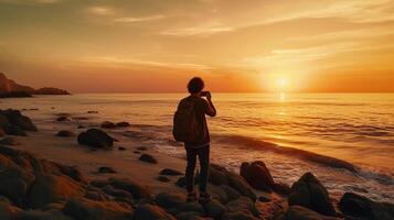 ai generiert Wirklichkeit Foto Mann Fotografieren das Meer und Sonnenuntergang. ein Mann auf das Strand nimmt ein Foto von das Meer beim Sonnenuntergang, ein sehr atemberaubend Aussicht