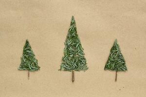 Grün Fichte Nadeln Weihnachten Baum Muster auf Kunst recycelt Papier. ökologisch minimal Design zum Urlaub Postkarte. Öko freundlich, Null Abfall, diy, Natur Konzept. Flach, oben Aussicht foto