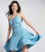 ai generiert schön Frau im Blau Kleid auf Weiß Hintergrund im Kasino Studio foto
