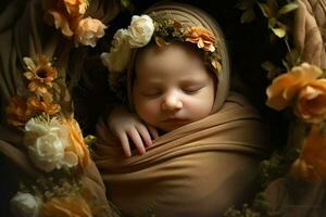 ai generiert geboren Baby Schlafen im Blume Korb ai generiert foto