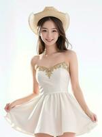 ai generiert ein Foto von ein schön Frau tragen ein Weiß Kleid lächelnd hell, perfekt zum ein Luxus Kasino