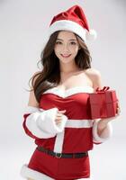 ai generiert Santa Frauen süß Mädchen halten ein Geschenk auf ein Weiß Hintergrund ai generiert foto