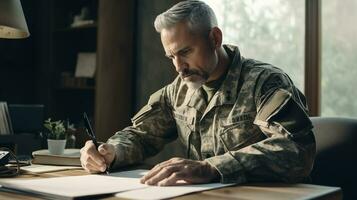 ai generiert Militär- Mann beim das Schreibtisch. Heer Veteran. Krieg. foto