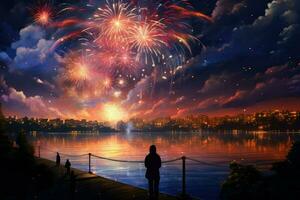 ai generiert spektakulär Feuerwerk Anzeige Über schön Fluss, Feuerwerk Über Nacht Fluss Himmel, Urlaub Hintergrund, hell bunt Beleuchtung ai generiert foto